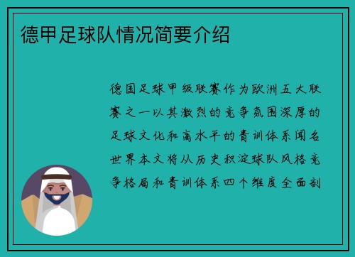 德甲足球队情况简要介绍