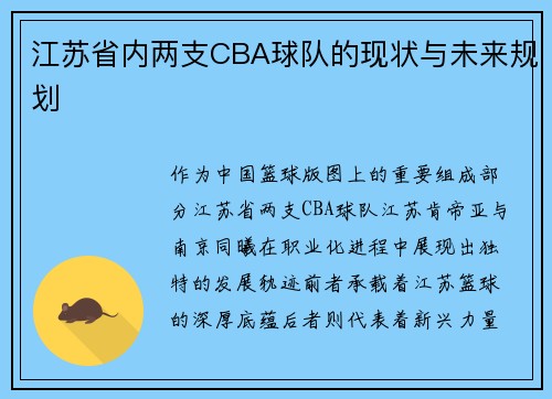 江苏省内两支CBA球队的现状与未来规划