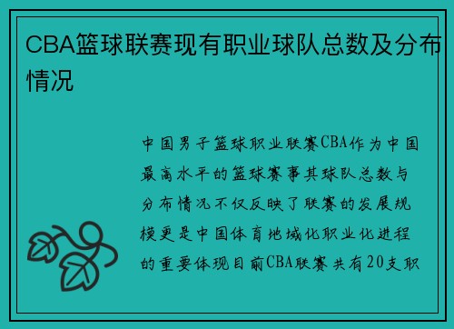 CBA篮球联赛现有职业球队总数及分布情况
