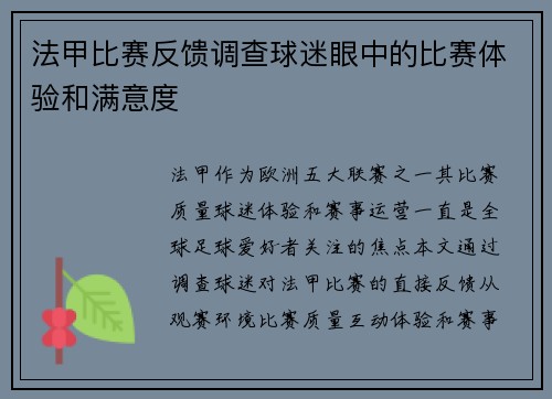 法甲比赛反馈调查球迷眼中的比赛体验和满意度